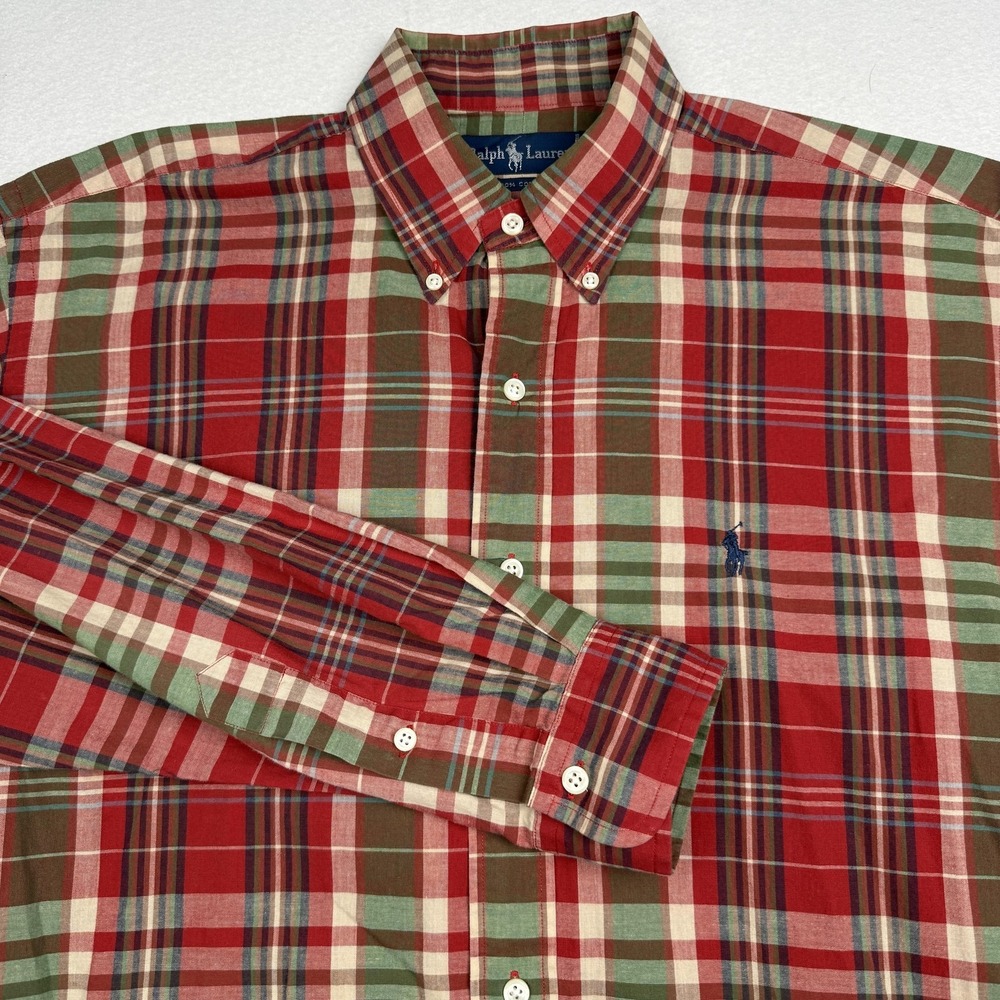 Vintage Ralph Lauren Shirt Mens Medium Red Green Plaid Long Sleeve Button Up
